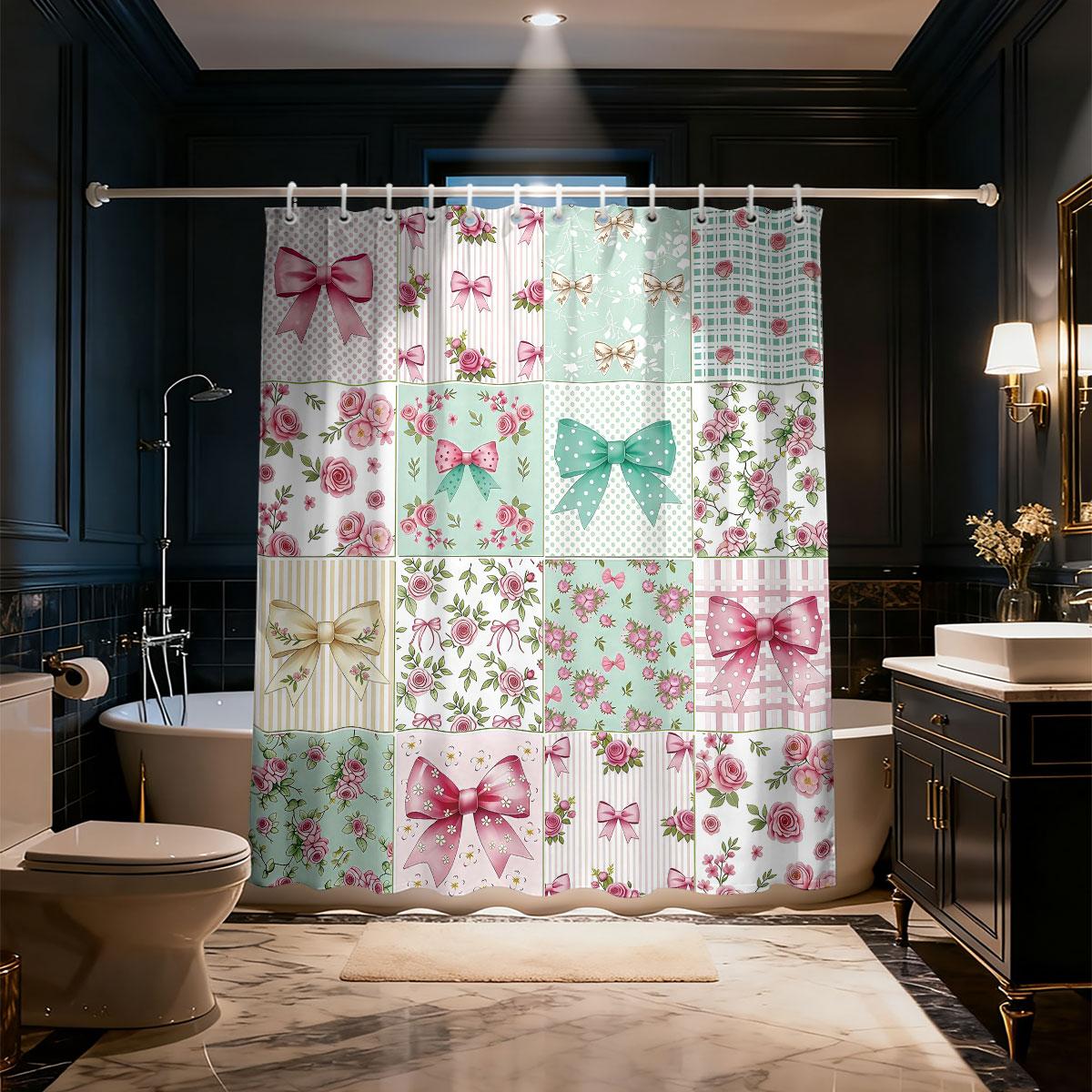 

1Pc Pink Bow Printed Shower Curtain With Multiple Sizes Partition Privacy Hanging Curtain With 12 Hook Home Bathroom Decoration W60H190(CM)-1 Pcs
