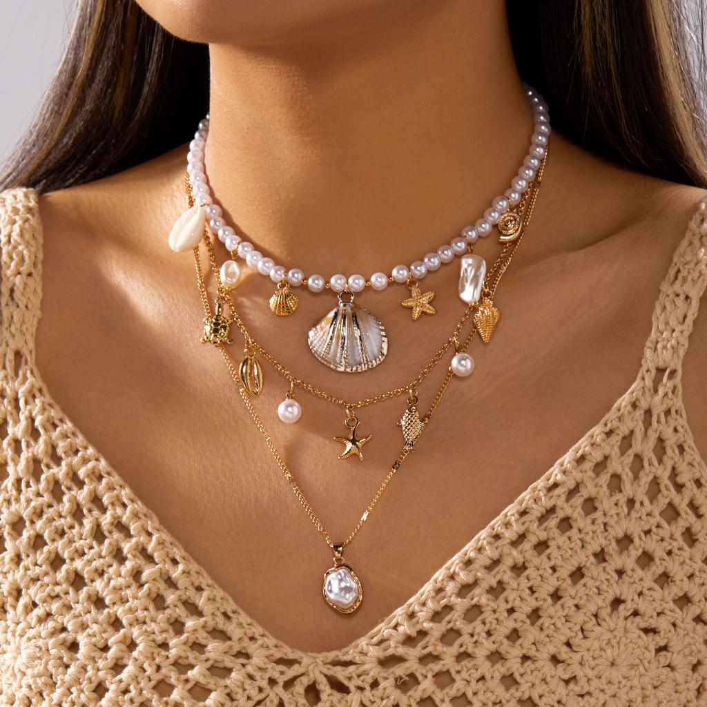 Boho Shell Starfish Conch Simulated Pearl Necklace Set 3Pcs Summer Beach Choker For Women Vacation Jewelry