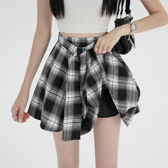 2025 Summer Women's Retro Plaid Skirt and Layered Shirt Set - Hong Kong Style, Casual Irregular Design