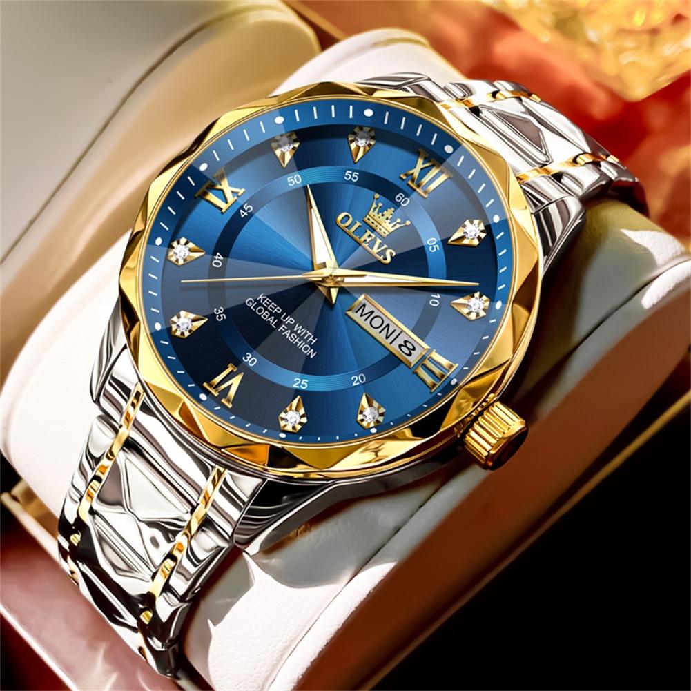 

OLEVS Лучшие роскошные брендовые мужские часы оригинальные водонепроницаемые кварцевые часы из нержавеющей стали с люминесцентным покрытием модные мужские часы с ромбовидным зеркалом синий/золотой