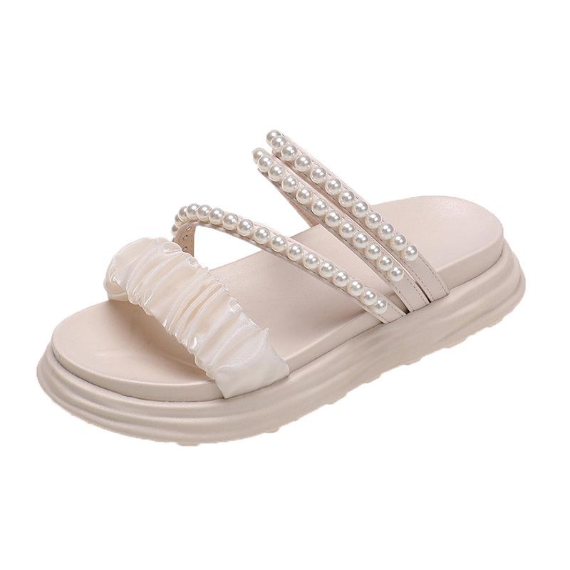 

Женские модные тапочки на толстой подошве 2024 года, летняя новая корейская версия, повседневные универсальные удобные сандалии с мягкой подошвой на плоской подошве 38 покинуть белый