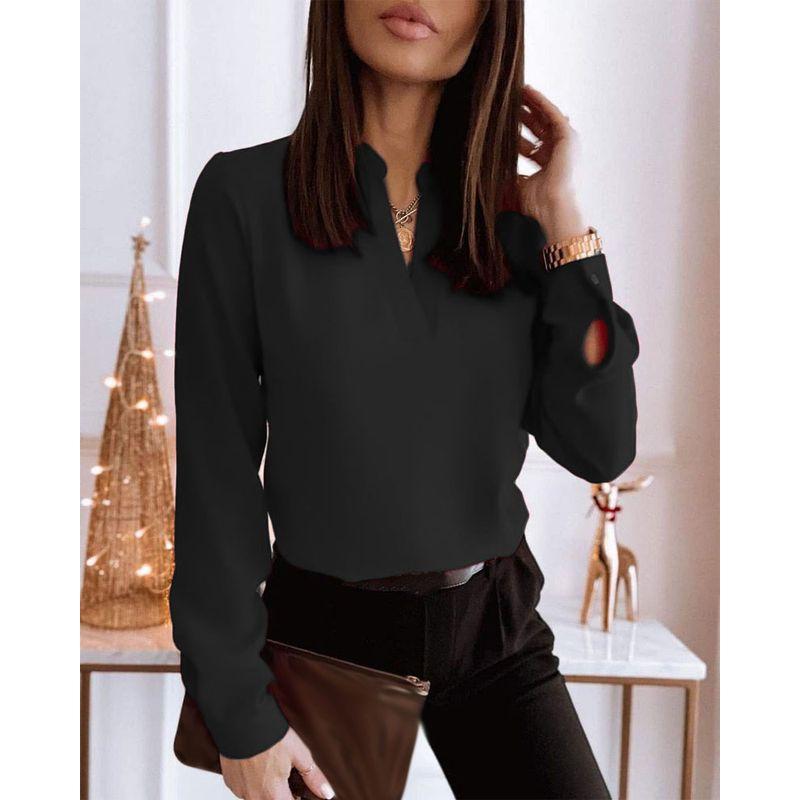 

Cross-Border Spring Long Sleeves V Neck Fashion Wind Loose Printed Shirt Shirt Tops Women Black M
