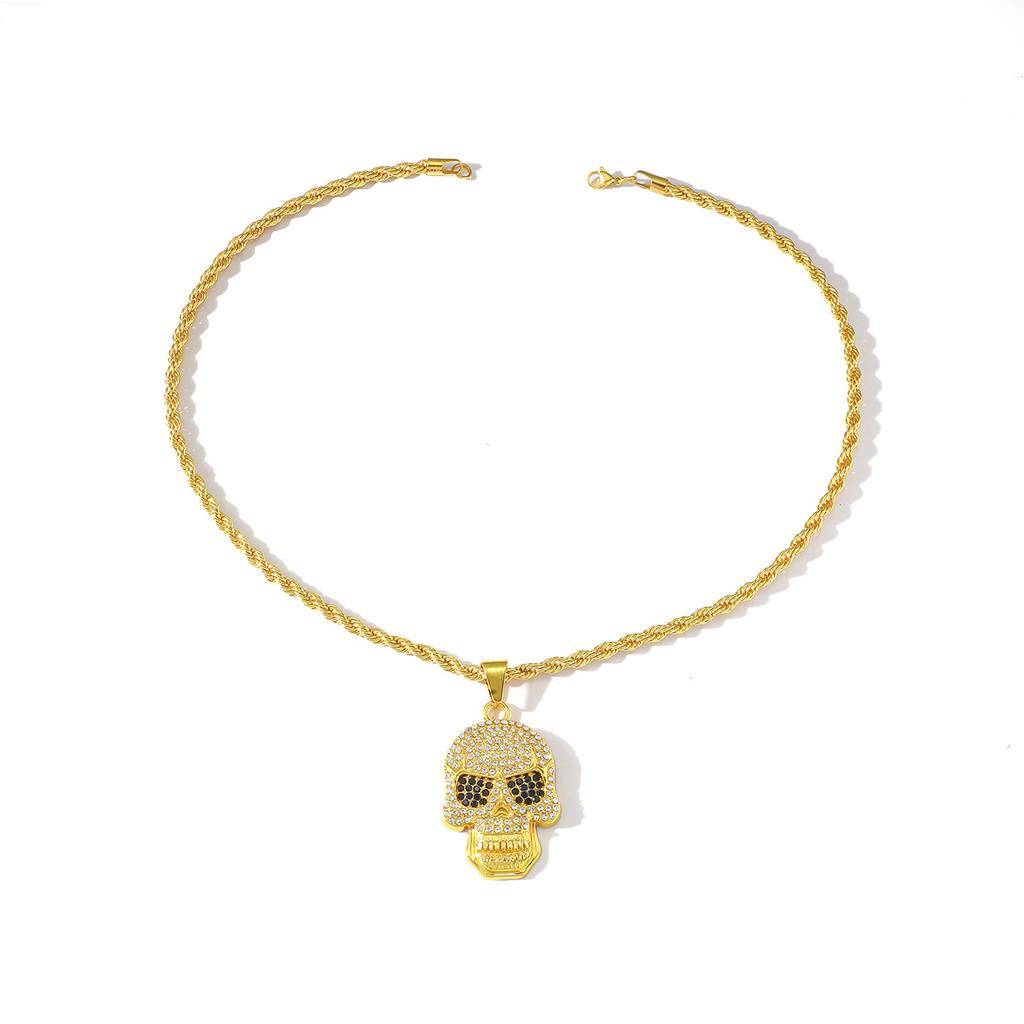 New Hot Selling Alloy Skull Full Rhinestone Pendant, Retro Personality Unisex Fashion Twist Chain Jewelry