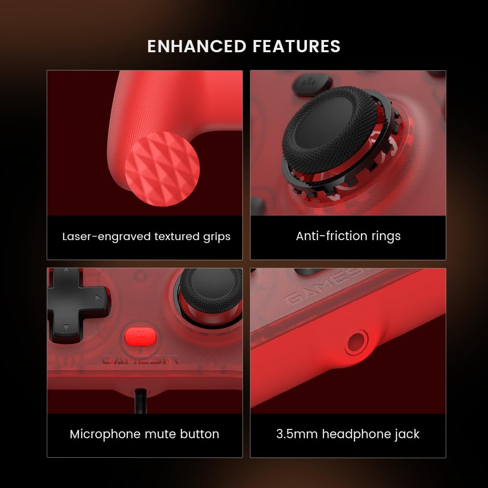 GameSir T7 vezetékes játékkontroller XBOX/PC/Steamhez, multifunkcionális gamepad Hall-effektusos stickekkel és ravaszokkal, valamint 4 vibrációs motorral (Piros)