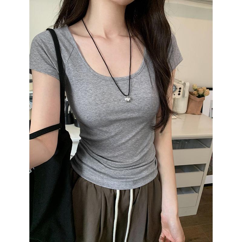 

Basic Versatile Low Crew Neck Shoulder Sleeve Short Sleeve T-Shirt Women s Summer Solid Color Big Neckline Slim Skinny Commuter Top S( 40-47.5kg ) серый