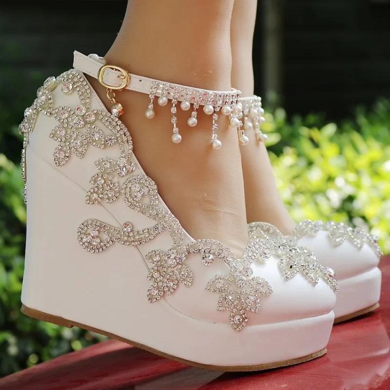 Women Pumps Sexy Fashion Extremely Rhinestone Pointed Toe Buckle Strap PU 10CM Wedges high heels String Bead Girls Women Shoes