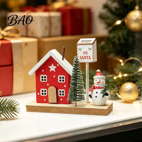 Christmas Showcase Display Mini Village House Figurine, Winter Scene Ornament with Snowman Hand Painted Wood Town Bear & Mailbox, Nordic Style Desktop