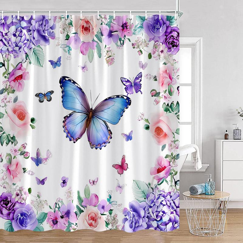 Floral Blue Butterfly Shower Curtain Purple Flowers Butterflies Plant Polyester Fabric Bathroom Decor Bath Curtains with Hooks