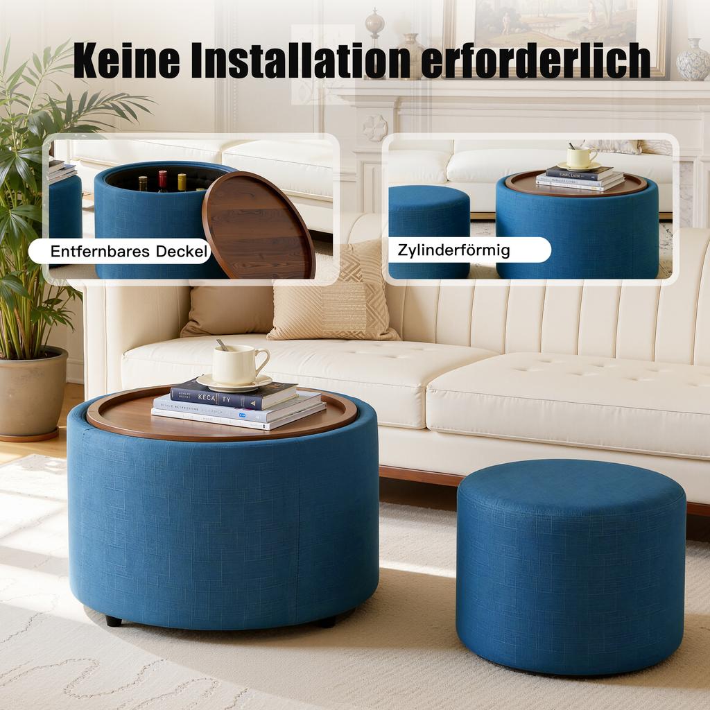 Ball & Cast 2-Piece Set Nesting Stools with Storage, Footstool with Linen Cover and Wood Tray, 58 cm Round Coffee Table & Bench, Blue