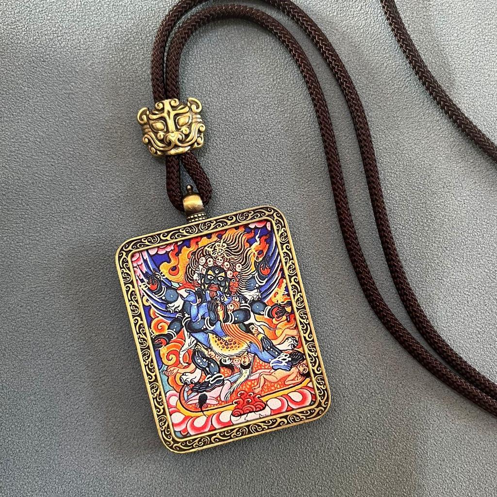 Thangka Pendant Necklace - Yellow & Black Guardian Buddha Amulet
