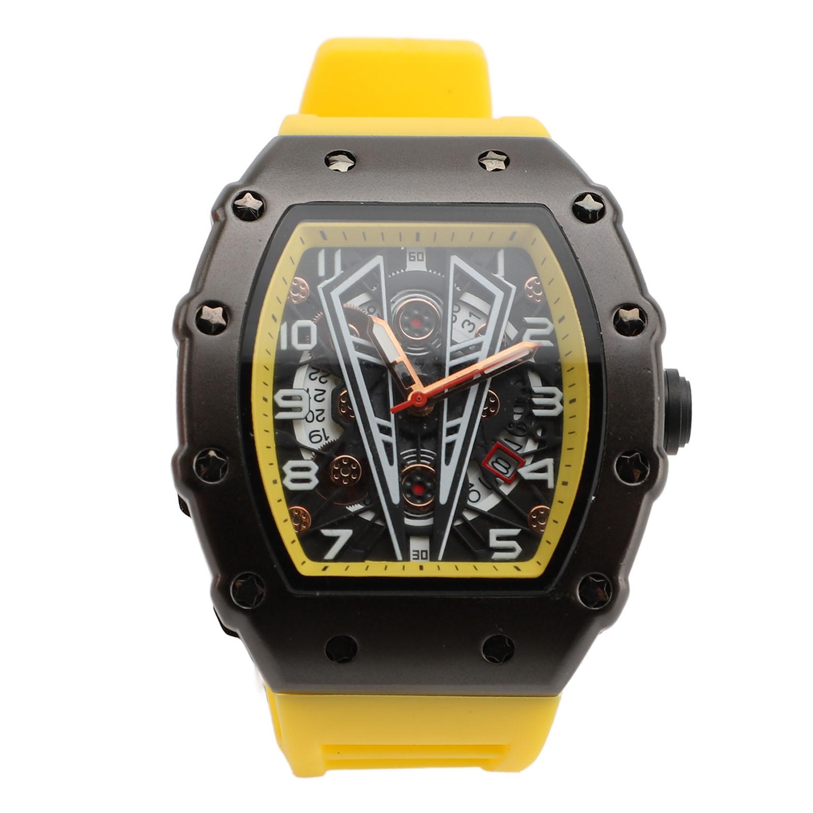 

Мягкий силиконовый ремешок, модные классные часы, изогнутое стекло, полые, водонепроницаемые, супер яркий календарь, уникальный Black Shell Yellow