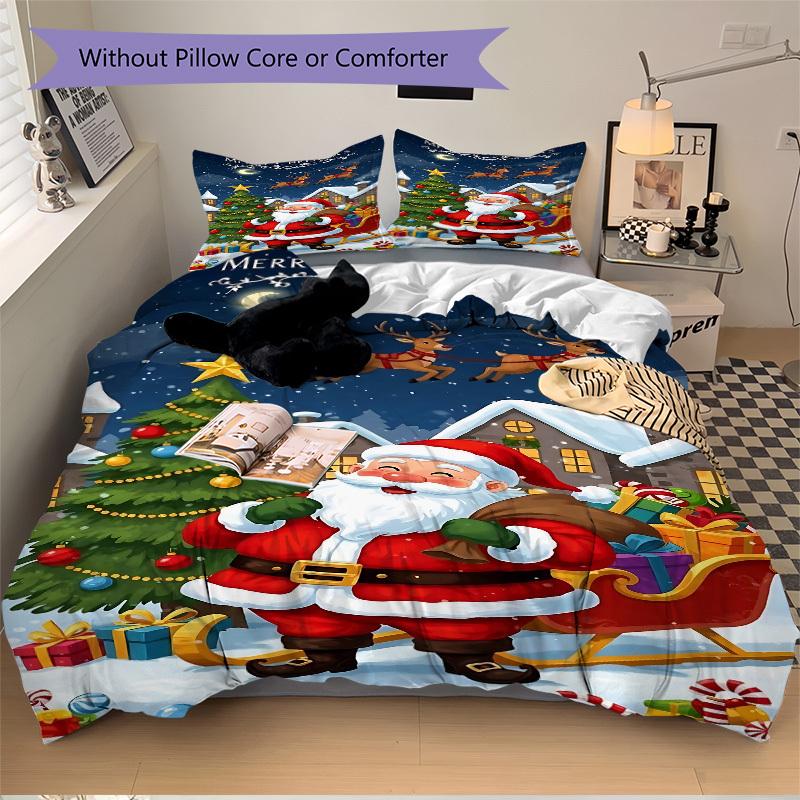 3pcs Christmas Santa Claus Duvet Cover Set - Includes 1 Duvet Cover and 2 Pillowcases, No Quilt Core, All-Season Home Decor Yy251111012