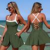 New One-piece Swimsuit for Women, Contrasting Color Swimsuit, Ready-made Swimsuit with Pockets and Skirt