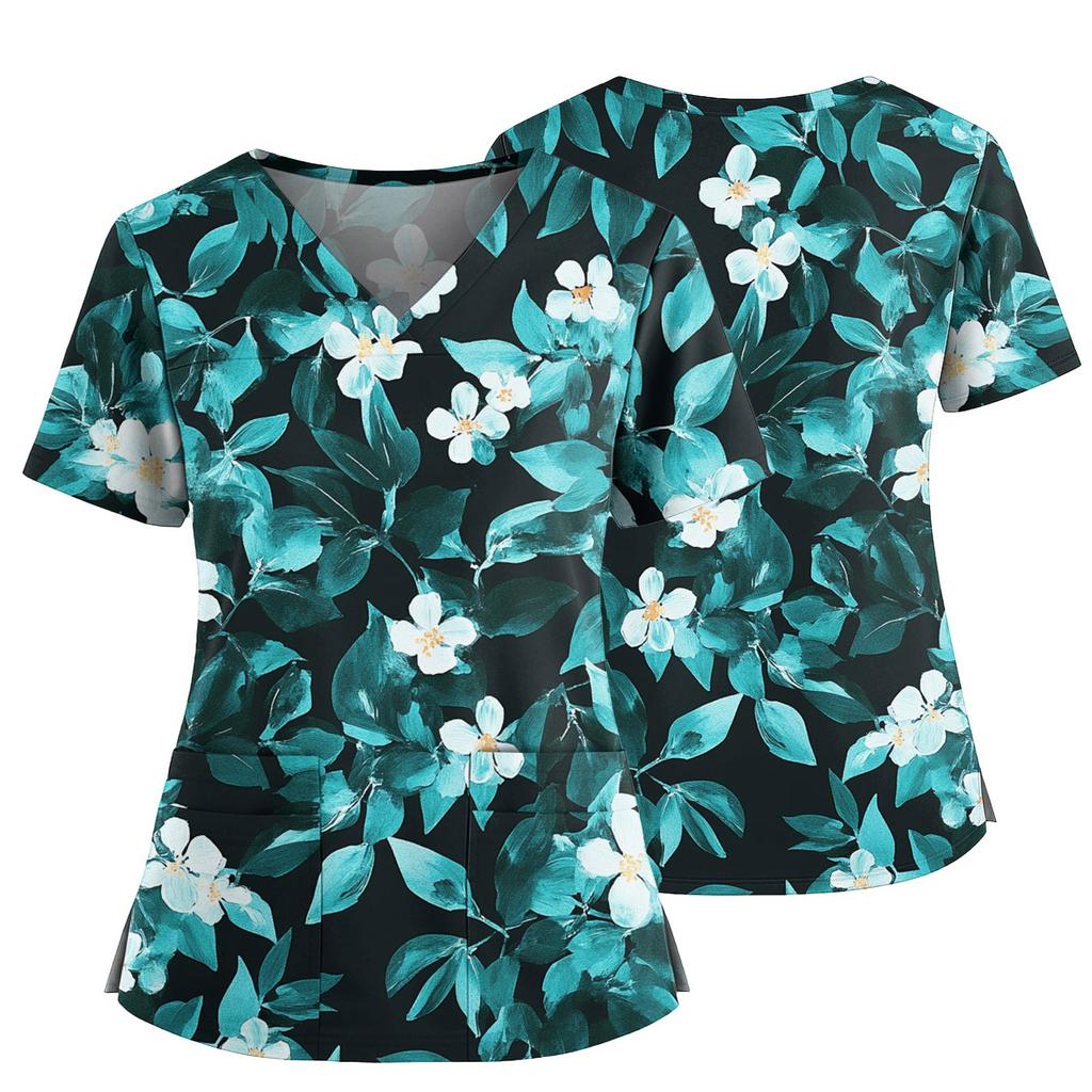 Top casual de damă cu imprimeu, gât în V, buzunar, crăpătură laterală, mâneci scurte, top cu mâneci scurte