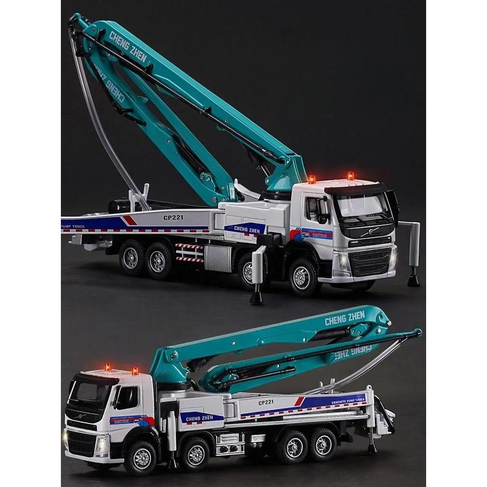 1/50 Volvo Concrete Pump Truck Toy Car Diecast Meatl Vehicle Model Pull Back Sound & Light Miniature Collection Gift for Boy Kid