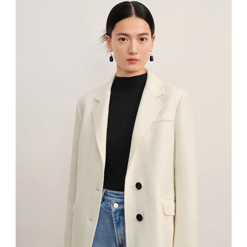 Women's Padded Shoulder Lapel Long Wool Blazer Coat