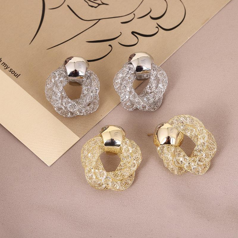 Trendy Twist Hollow Crystal Net Drop Earrings for Women Golden Silver European Simple Dangle Earrings Statement Jewelry