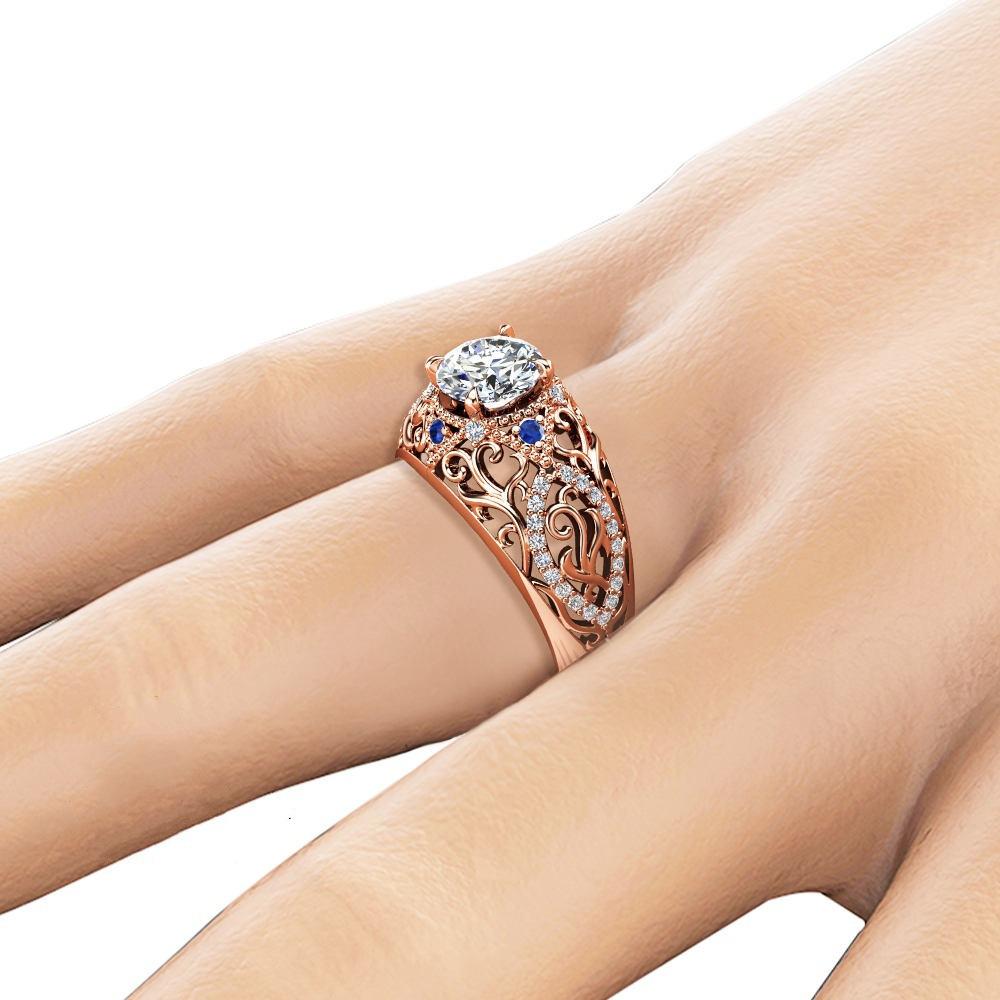 Luxury Rose Gold Lady'S Ring With Hollow Floral Zircon Blue Gemstone Jewelry