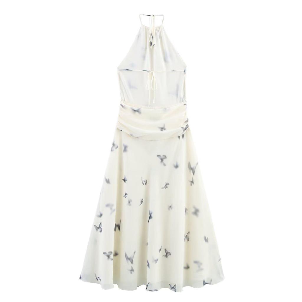 Women's Halter Butterfly Print Pleated Backless Dress
