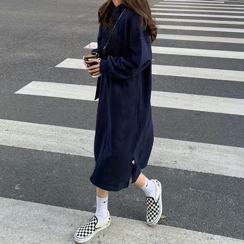 Autumn and Winter Hooded Pullover Long Sweater Women's Korean Version Loose and Thin Medium and Long Knee Split and Velvet Dress