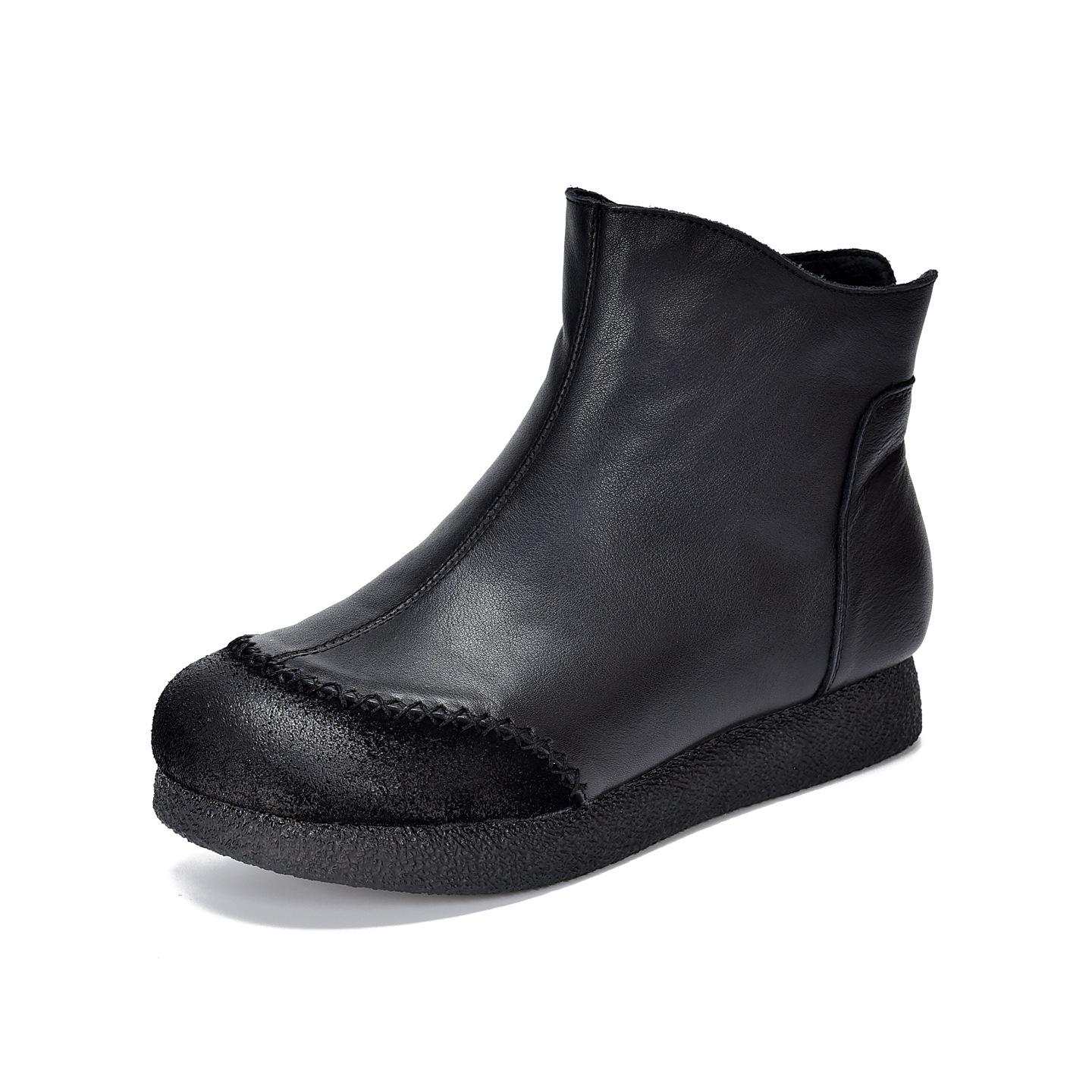 

Johnature Genuine Leather Side Zipper Flat Short Boots Retro Round Toe Plush Warm Womne s Shoes 35 чёрный