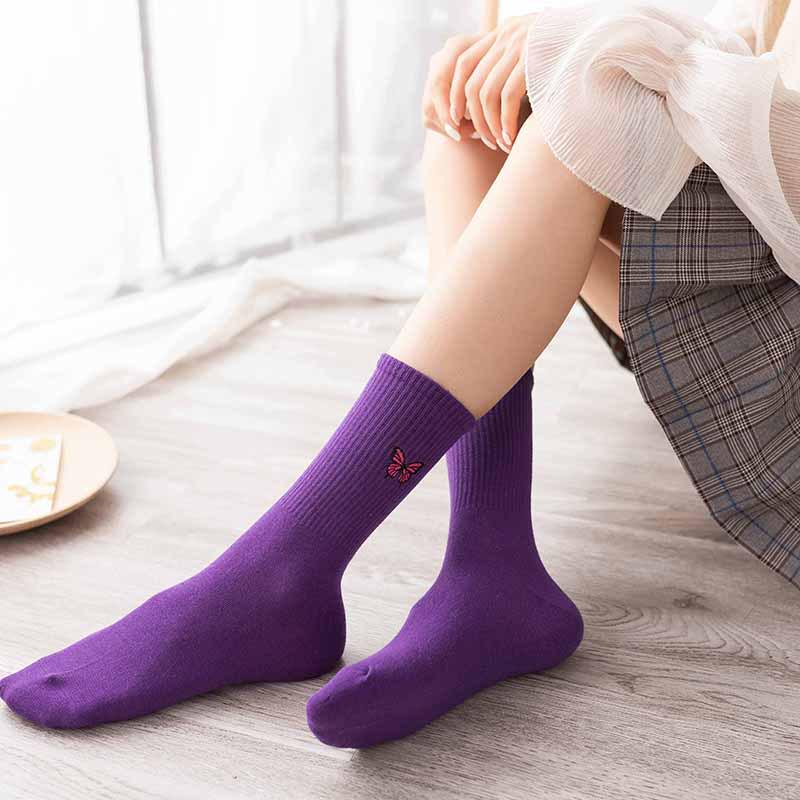 Meias femininas de outono, meias de cor sólida com estampa de borboleta, meias da moda, algodão macio, respiráveis, femininas, meias femininas, meias