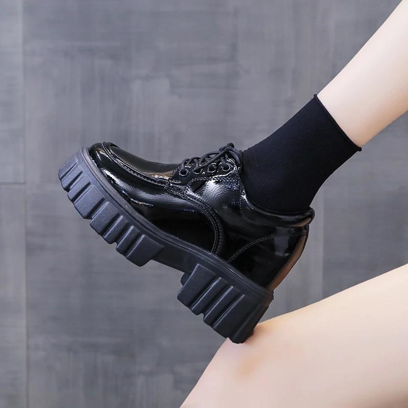 Lucyever Lace Up Platform Loafers Women 2024 Autumn Patent Leather Chunky Heel Pumps Woman Round Toe Hidden Heels Shoes Female