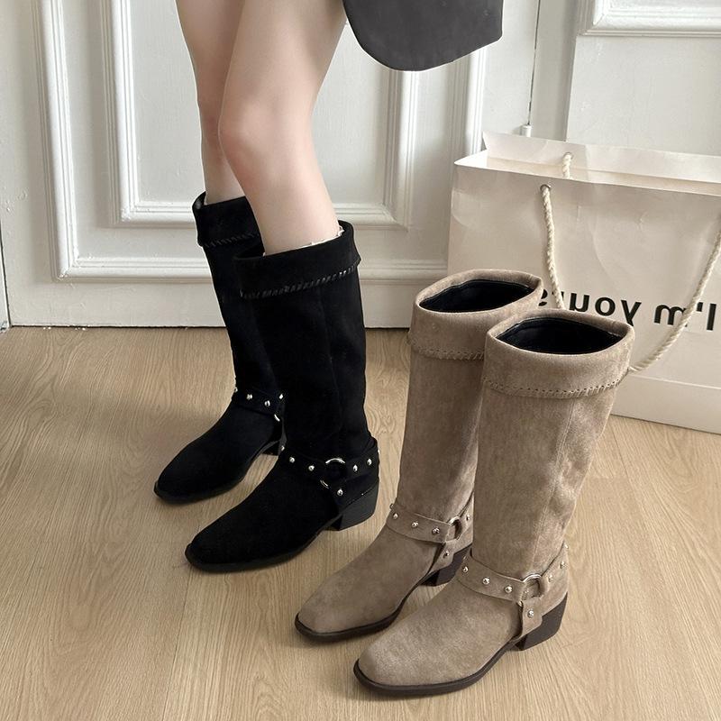 European and American style retro versatile high-heeled knight boots women's boots 2025 autumn and winter new square head thick heel but knee boots 