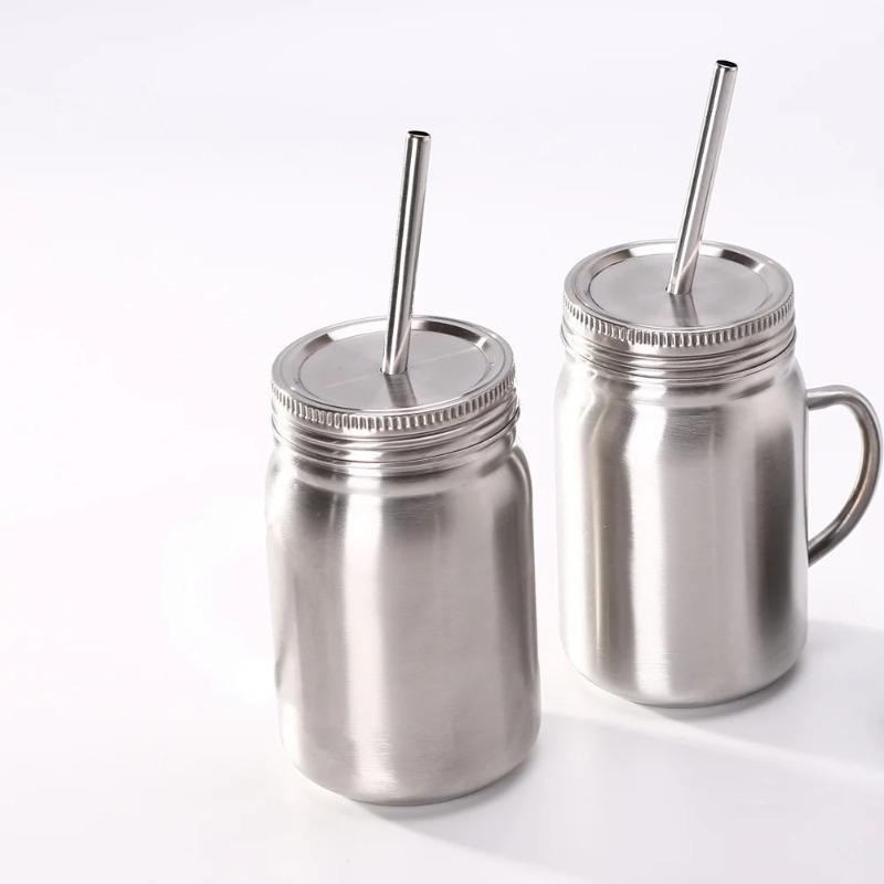 

700ml Wide Mouth Mason Jar Cup Stainless Steel Drinking Straw Cup Tea Coffee Mug Water Bottle Storage Jars Tumblers with Lids with handle