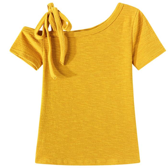 

Pure lust Spice Girl Lace-up Slant Neck Shoulder Leaky Short Sleeve T-Shirt Women s Summer Design Slim-fit Clothes S жёлтый