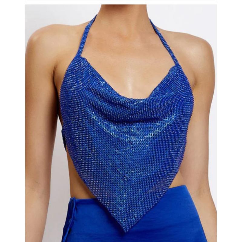 Rhinestone Halter Neck Backless Crop Top