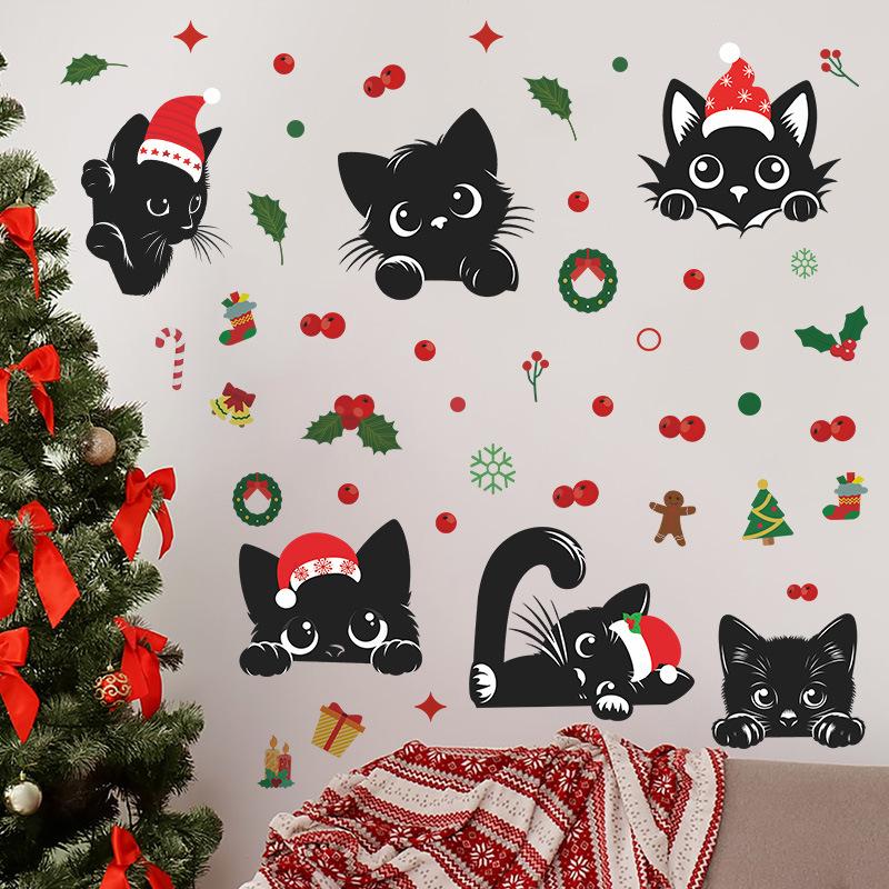 Wall Sticker Christmas Wall Sticker Black Cat Star Atmosphere Christmas Window Sticker Refrigerator Sticker Kitchen Children's Room Wallpaper