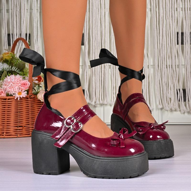 Fashion One-button Block Heel Single Shoes Autumn New Round Bow Platform Non-slip High Heels