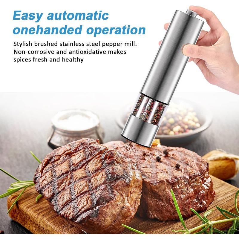 2pcs Electric Salt and Pepper Grinder Set, Automatic One Handed, Stainless Steel Grinders with Lights and Adjustable Coarseness