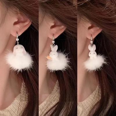 Orecchini Pendenti Coniglio Carota Peluche Bianco Lusso Carini Orecchini Invernali Per Donne Ragazze Gioielli Moda Coreana Regali Per Feste
