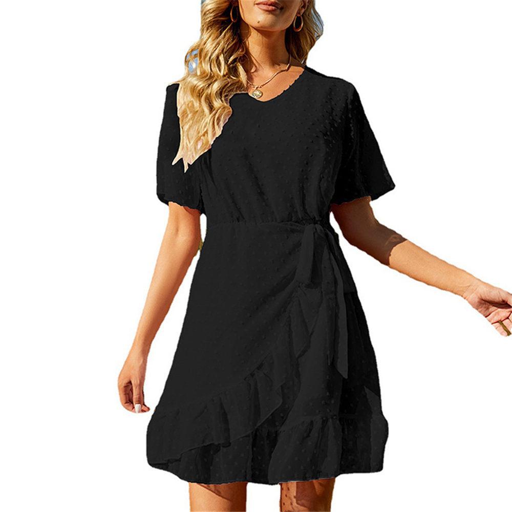 Sommerkleider für Damen, Wickelkleid mit V-Ausschnitt, Schweizer Punktrüschen, Minikleid, Chiffon, kurzärmelig