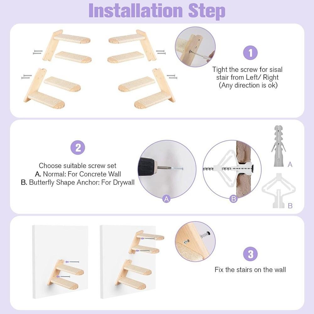 Wooden Cat Climbing Shelf Wear Resistant with Cushion Sisal Rope Cat Stairs Space Saving Pet Wall Steps Sleeping
