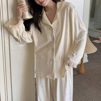 Solid Color Ruffle Velvet Pajamas - Luxury French Style with Long Sleeves and Pants, Suitable for Outdoor Wear
