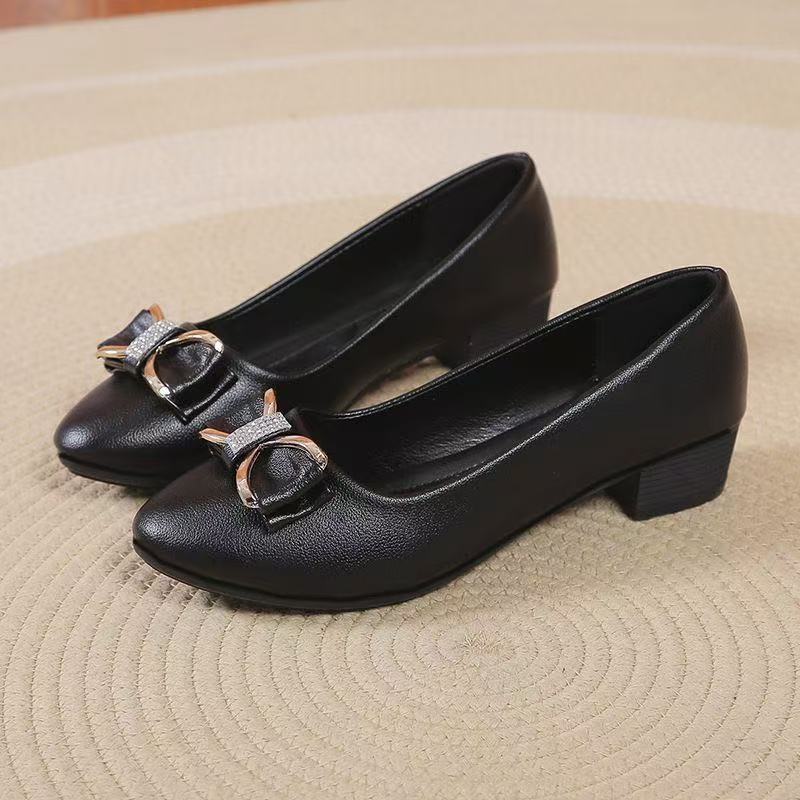 Coarse heel single shoes women's high-end small leather shoes new mid-heel versatile four-season women's shoes soft-soled high heels