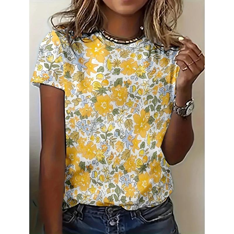Summer Flower 3D Printing Fashion Street Trend T-Shirts Casual Loose Short Sleeve Round Neck Women's T-Shirts