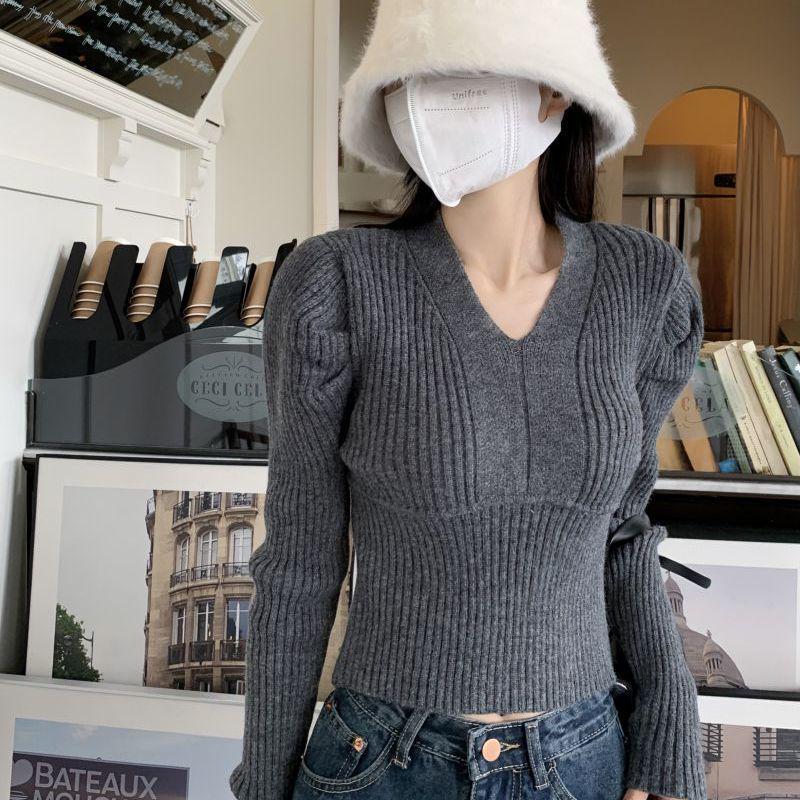 

Вязаный свитер с V-образным вырезом в корейском стиле, короткий, облегающий, с рукавами-пузырями для женщин - Осенне-зимняя базовая рубашка, облегающая талию One size темно-серого