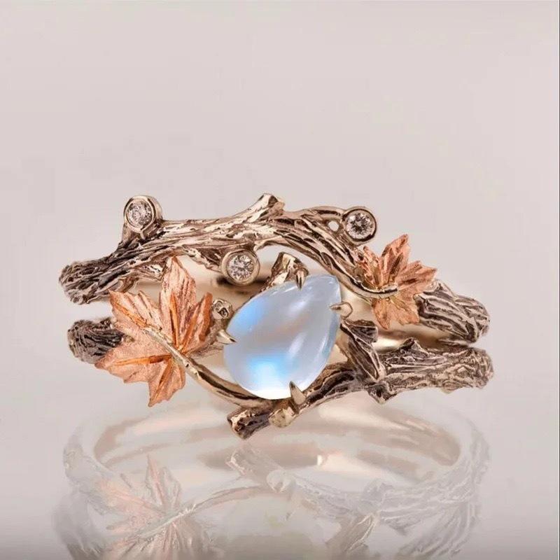 Retro Fashion Maple Leaf Water Drop Opal Stone Rings for Women Charm Luxury Finder Aesthetic jewelry Wedding Anniversary Gift