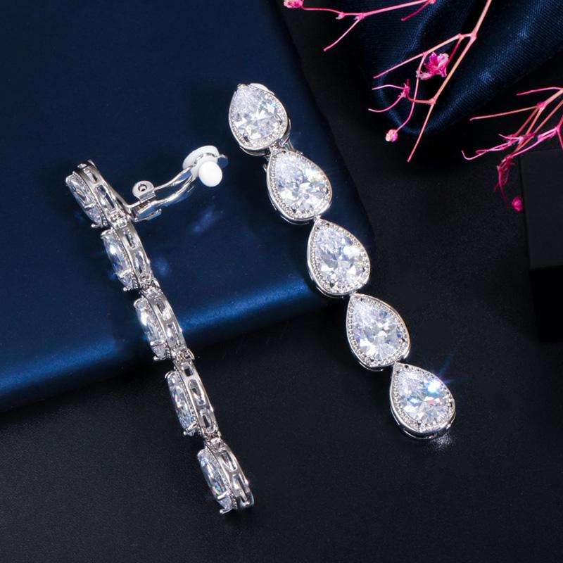 CMM Shiny Cubic Zirconia Long Water Drop Clip Earrings Wedding Jewelry