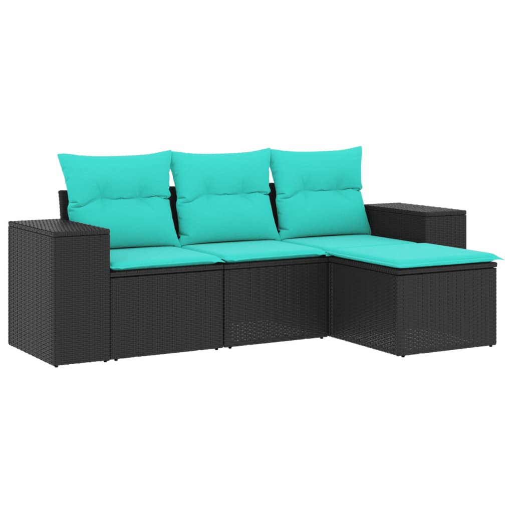 4 Piece Garden Sofa Set with Cushions Black Poly Rattan