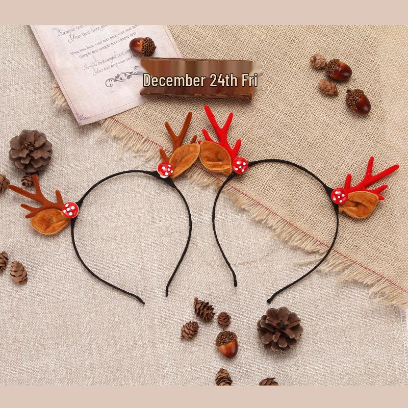 2025 Trendy Christmas Headband with Mushroom Ears & Antlers - Plush Hair Clip for Live Stream or Dress-up