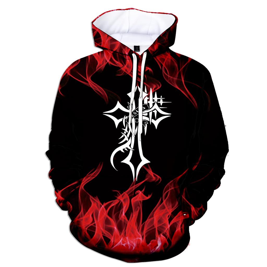 New Fashion Autumn and Winter 3D Flame Men's Hoodie Hooded Sweatshirt Pullover Cross Printed Large Size Sweater