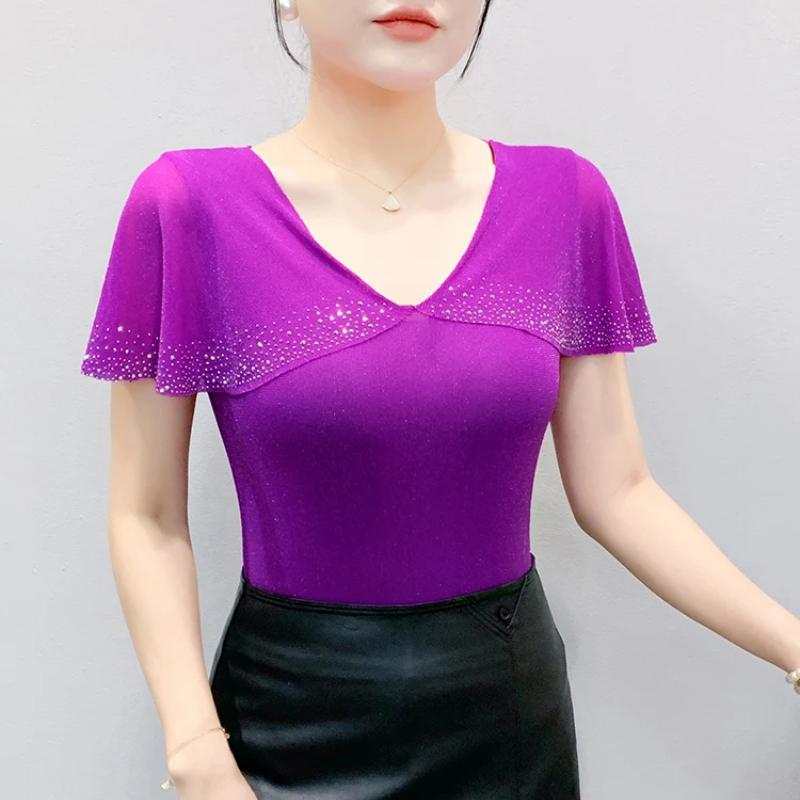 New European Women's T-Shirt Clothes Sexy V-Neck Chic Ruffles Hot Diamonds Tops Shirts Summer Short Sleeve Slim Mesh Tees