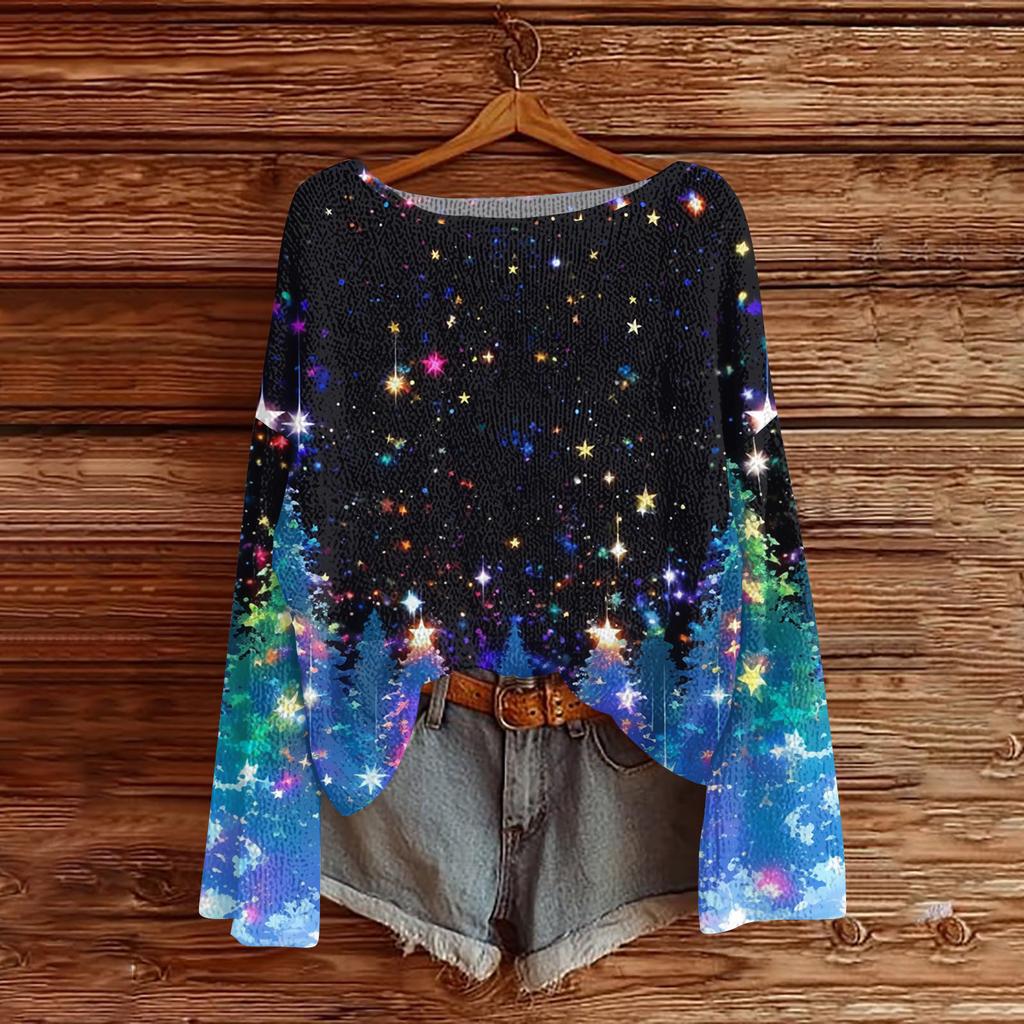 Damenmode Weihnachtsdruck Leichter Pullover Lässig Langärmlig Strick-Pullover-Oberteil