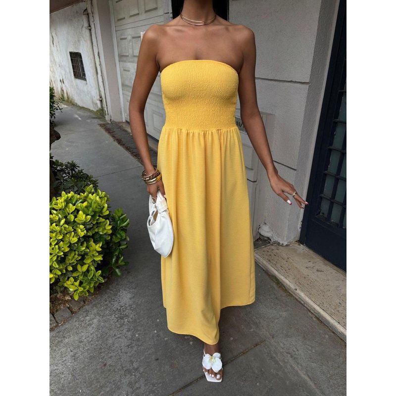 

Sexy Sexy Fashion off-Shoulder Tube Top European and American White off-Shoulder Waist Hugging Mid-Length Dress Formal Dress Dress Yellow S
