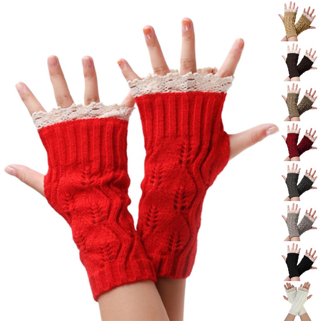 Women's Winter Warm Wool Gloves, Fingerless, With Beautiful Lace And Short Style